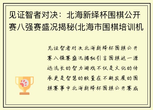 见证智者对决：北海新绎杯围棋公开赛八强赛盛况揭秘(北海市围棋培训机构有几家)