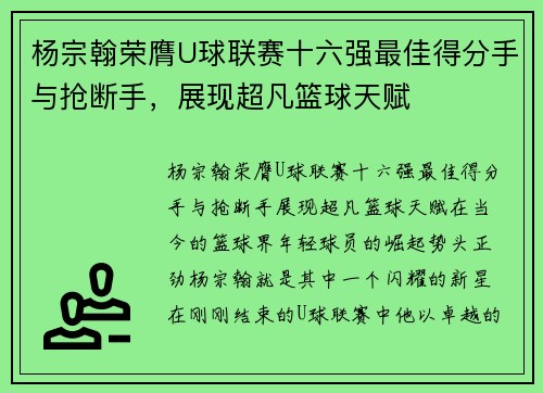 杨宗翰荣膺U球联赛十六强最佳得分手与抢断手，展现超凡篮球天赋