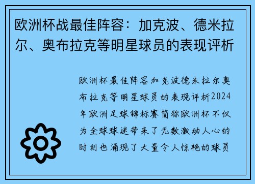 欧洲杯战最佳阵容：加克波、德米拉尔、奥布拉克等明星球员的表现评析