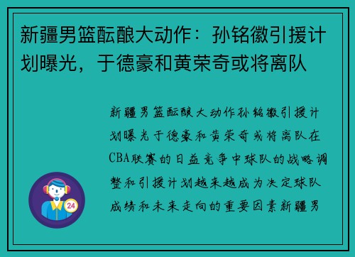 新疆男篮酝酿大动作：孙铭徽引援计划曝光，于德豪和黄荣奇或将离队